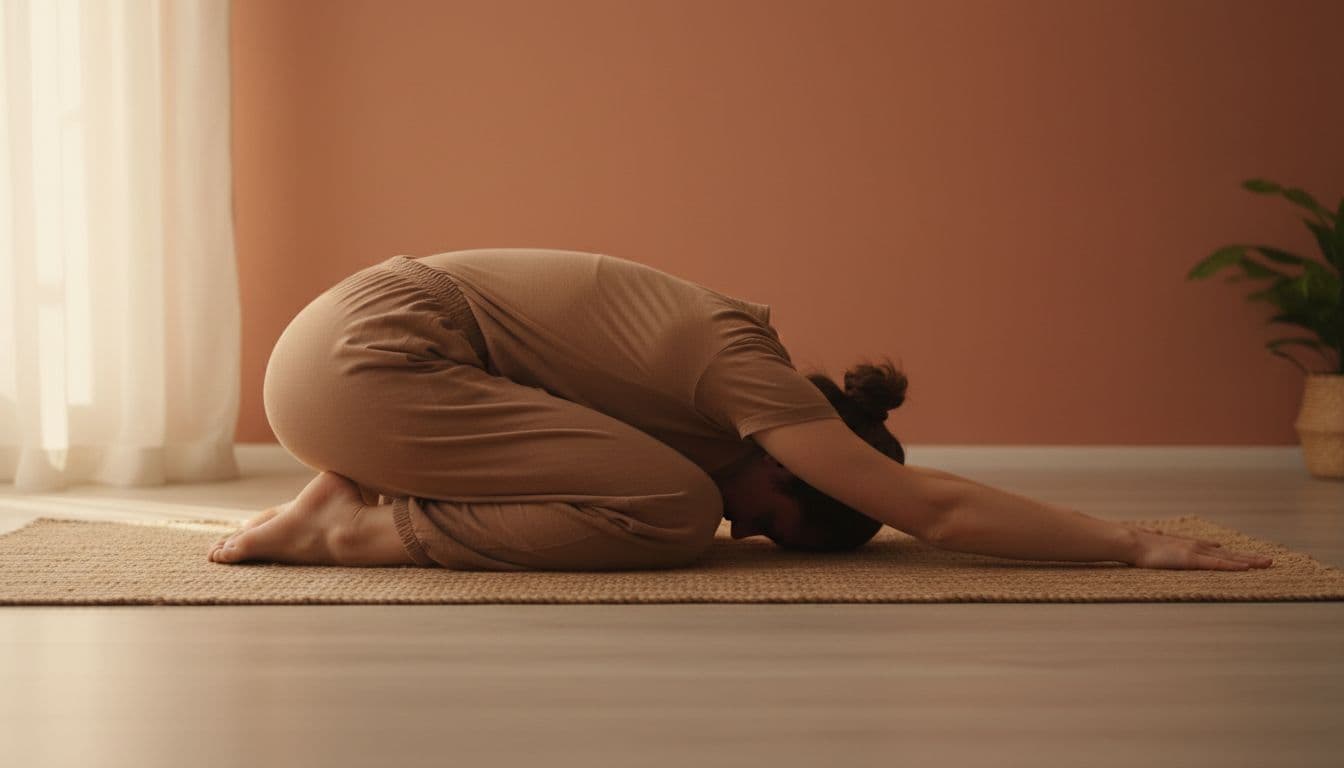 Person in child's pose on a yoga mat in a calm home room with hands extended forward and forehead to the mat, soft warm lighting focusing on lower body for a sense of safety, realistic photo style.
