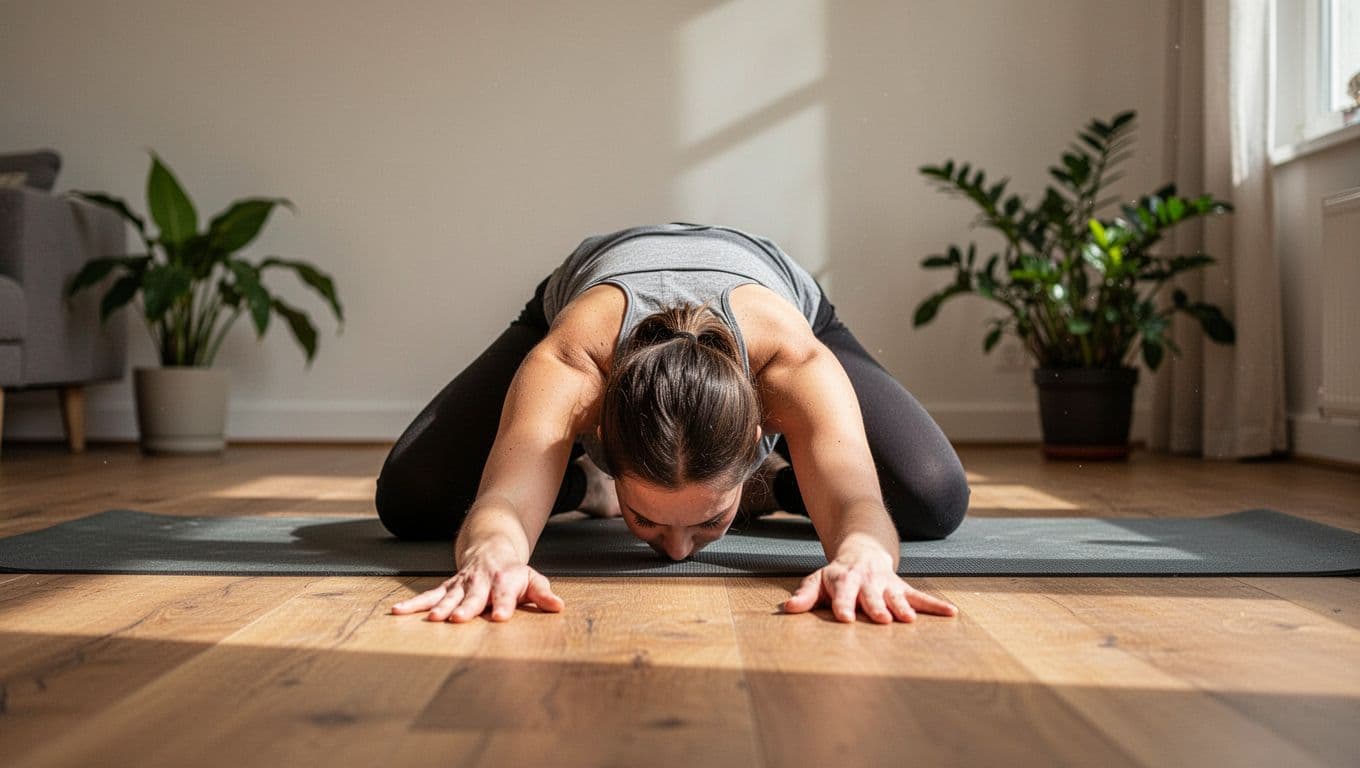 Person in Child's Pose on yoga mat in home studio, knees wide, forehead on mat, arms extended, soft window light, wooden floor, plants nearby.