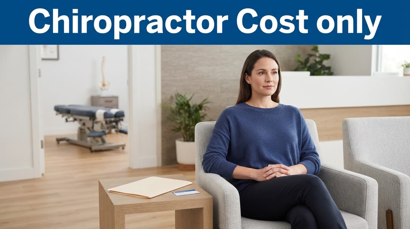 One patient sits beside a billing folder and insurance card in a bright chiropractic clinic.