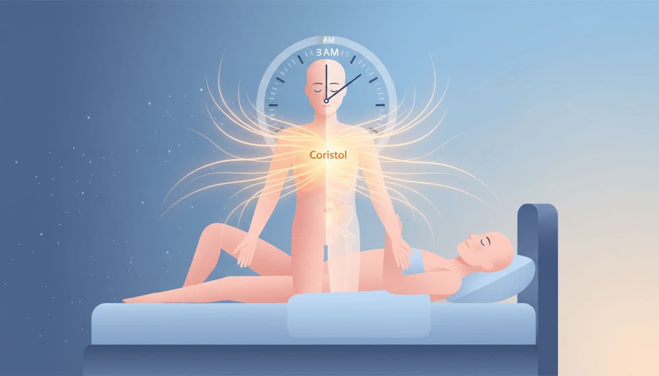 Educational illustration of a simple anatomical figure in bed transitioning from sleep to alertness with rising cortisol levels, body clock hands at 3 AM, in soft blue night-to-dawn tones.