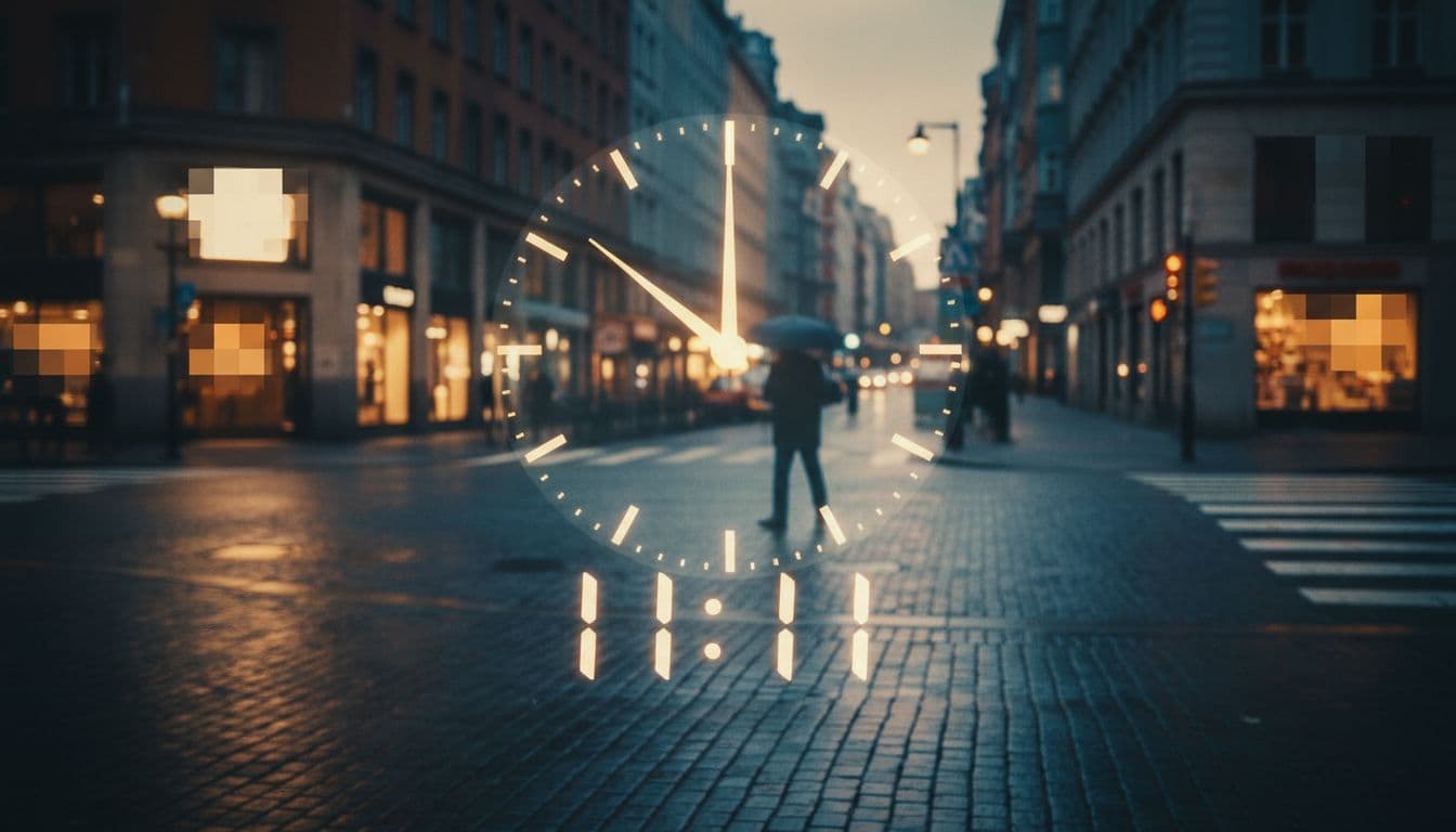 A figure walks down a blurred urban street featuring floating clock hands and faint digital numbers.