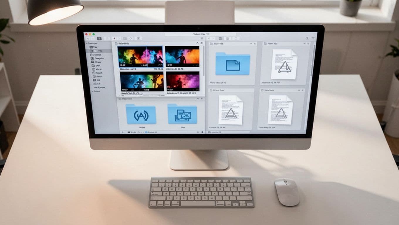 Top-down view of tidy computer desktop with open folders showing colorful video thumbnails and text documents beside simple mouse and keyboard.