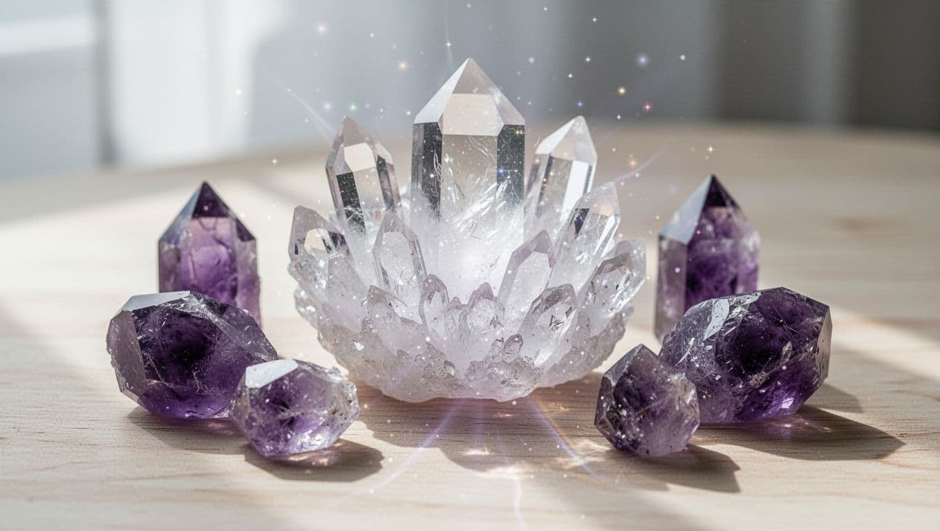 Clear quartz cluster and amethyst points on light wooden surface under soft light.