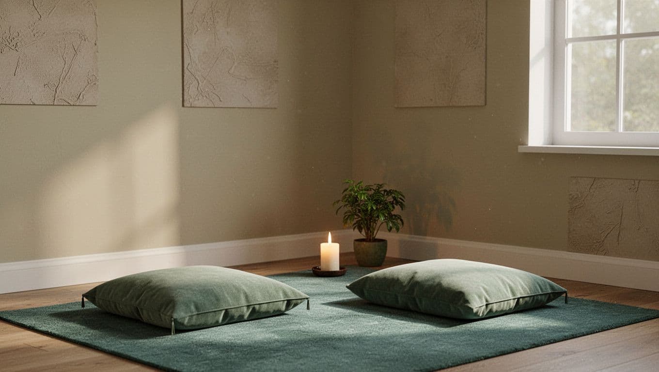 Sage green cushions on teal rug against khaki walls with accents, lit candle, small plant, soft window light.