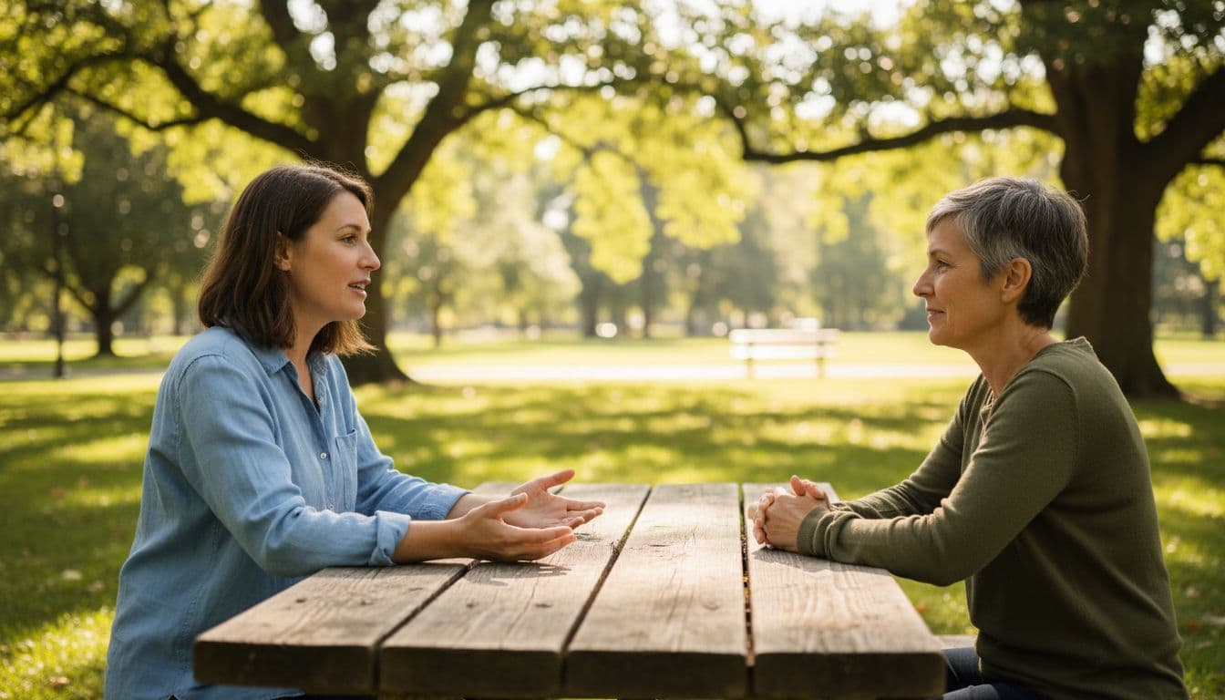 A person speaking calmly across a simple wooden table in a quiet park setting, hands relaxed palms up expressing needs, listener nodding attentively, natural afternoon sunlight filtering through trees. Realistic candid photo style featuring exactly two people facing each other closely, no extra people, objects, text, or distractions.
