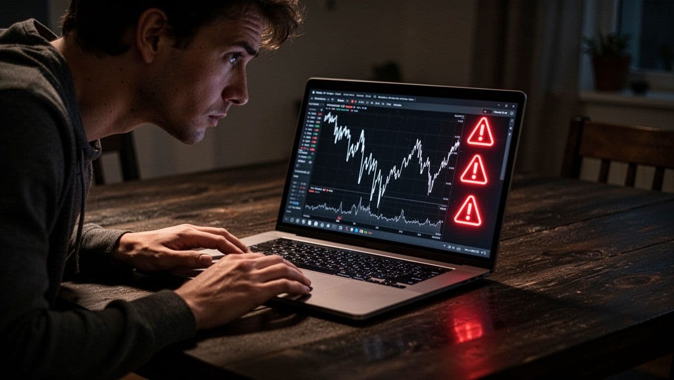 Person leans over laptop on dark wooden table in dim room, screen shows erratic dropping graphs and red warning icons.