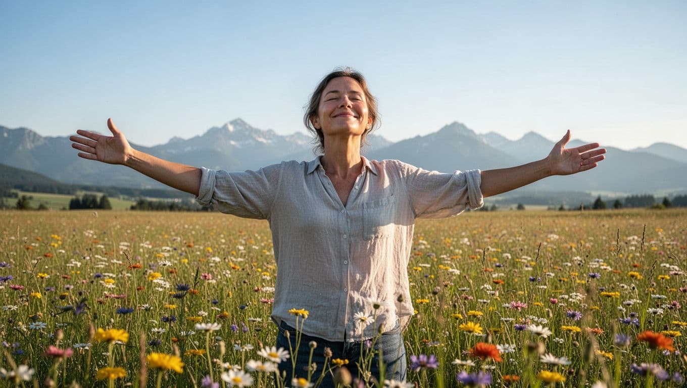 Confident person stands waist-up with arms open wide in sunny wildflower meadow, distant mountains, calm joyful face.