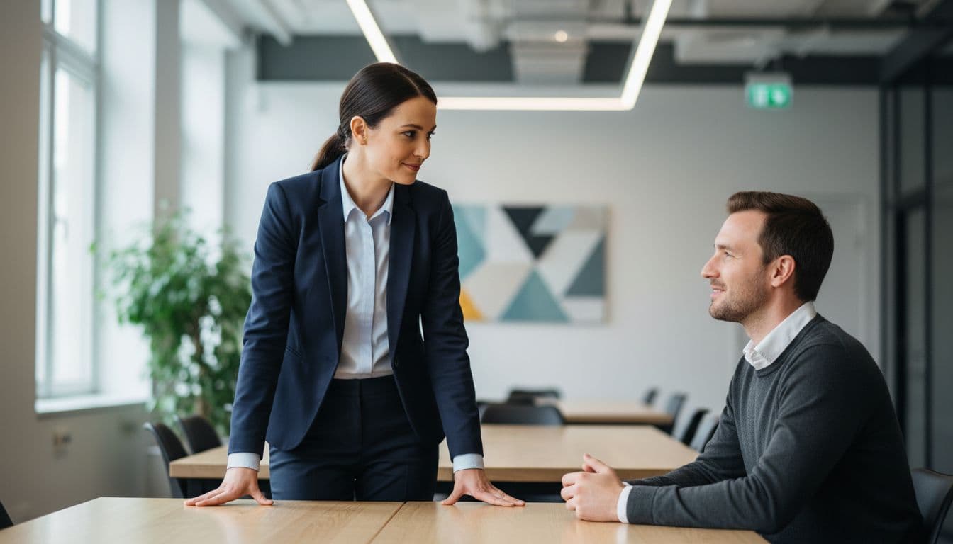 A professional stands composed at a modern office desk, speaking briefly to a colleague across the table with relaxed hands and natural lighting, emphasizing calm confidence in short communication.