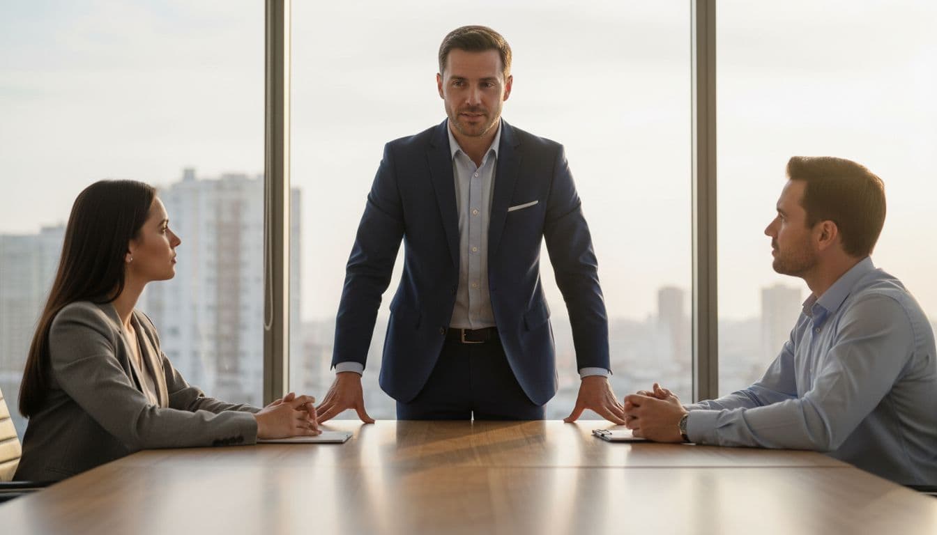 A professional pauses confidently after speaking in a modern meeting room, with two colleagues listening attentively, hands relaxed on the table under warm lighting and a window view.