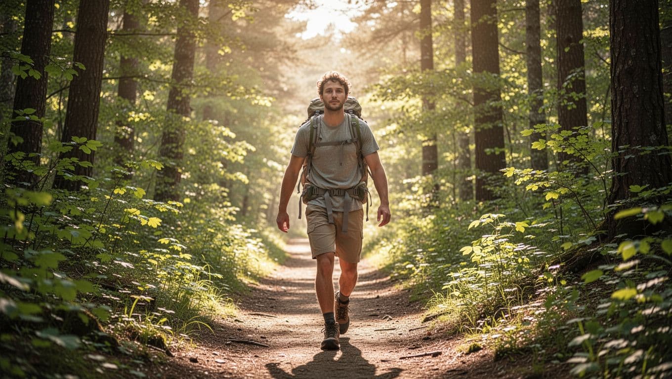 A confident solo hiker with a relaxed determined expression strides along a sun-dappled forest path towards bright open sunlight ahead, light backpack and arms swinging naturally amid vibrant green foliage in warm morning light.