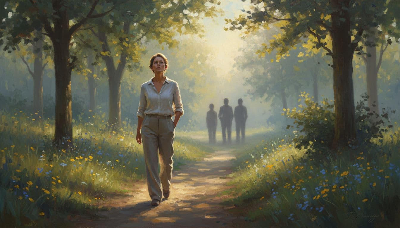 A calm, confident person walks alone on a sunny nature trail away from a distant group of shadowy figures, symbolizing protecting peace and setting boundaries in soft morning light.