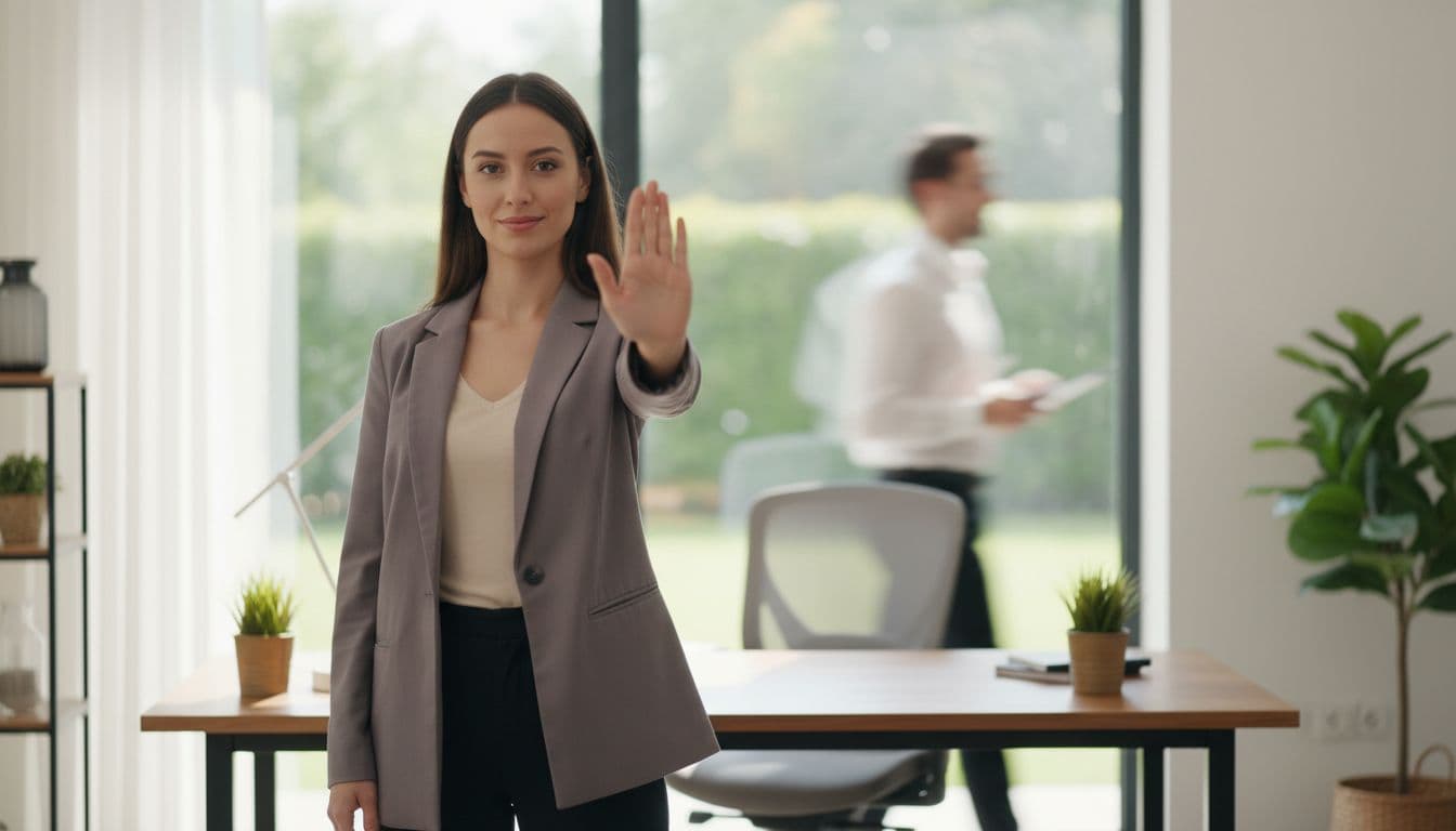 Confident young woman stands in modern home office with palm out in firm stop gesture toward blurred background figure, relaxed determined expression in natural daylight.