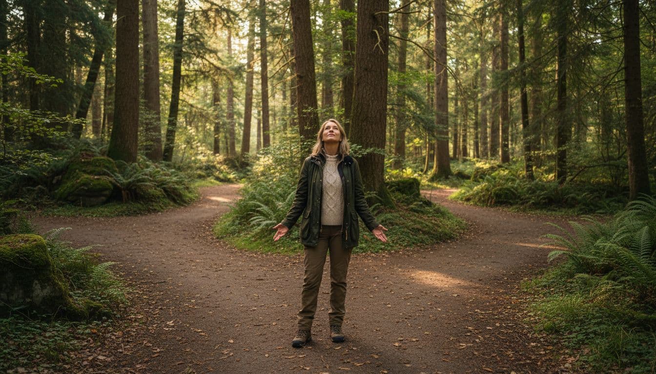 A confident adult woman stands thoughtfully at a quiet forest path crossroads, sunlight dappling through trees, embodying clear decision-making without external approval.