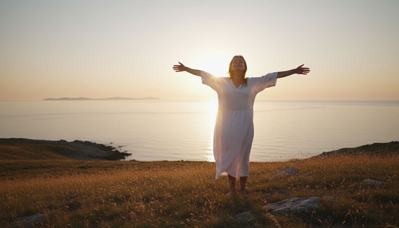 Confident woman standing tall on a hill overlooking a calm sea, arms open wide, with sunrise lighting her face symbolizing hope and empowerment in a natural realistic style.