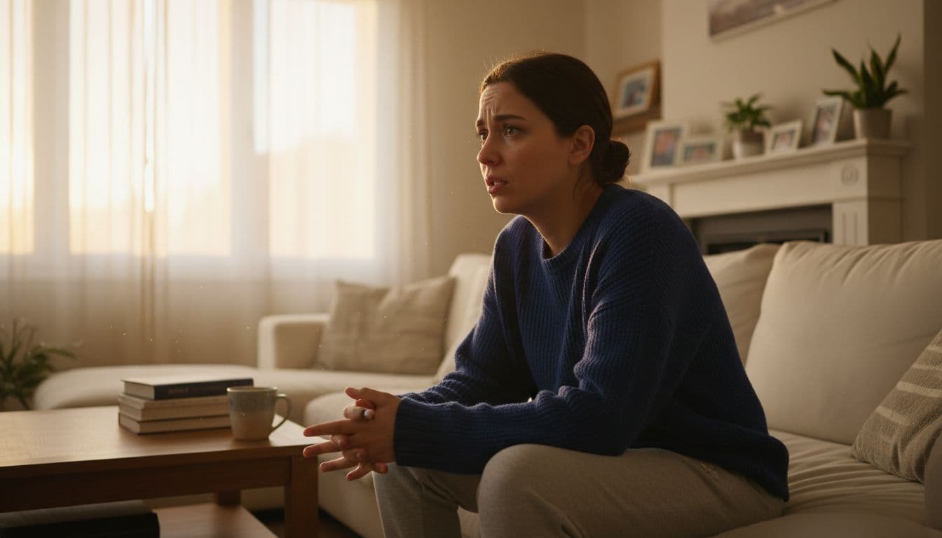 Exactly one person sitting on a couch in a cozy living room, looking thoughtfully at a distant window with a conflicted expression, soft evening light filtering through curtains.