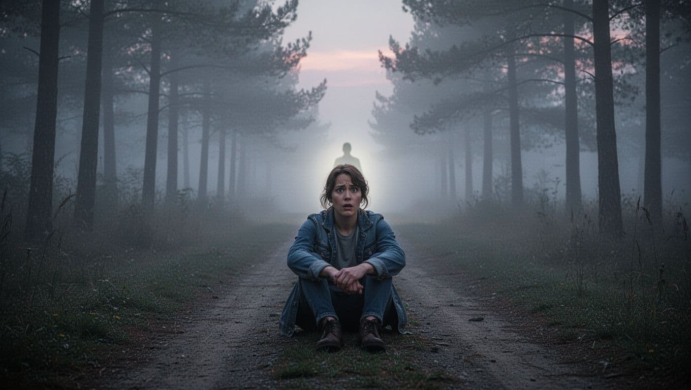A confused person sits alone on a foggy path at dusk, watching a faint glowing figure fade into the misty forest.