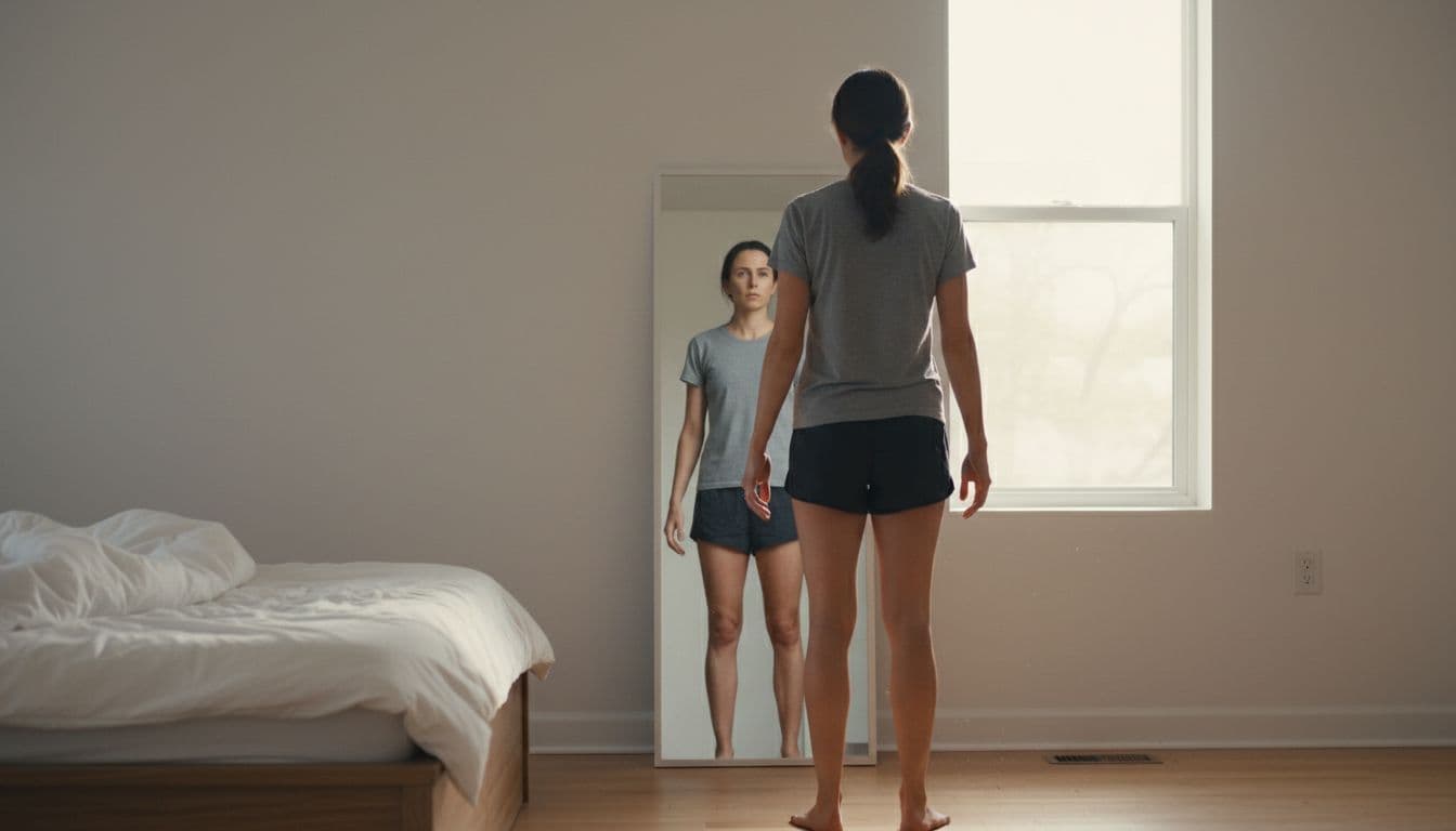 A single person stands before a large mirror in a simple bedroom, gazing intently at their reflection with a serious contemplative expression, lit by natural daylight.