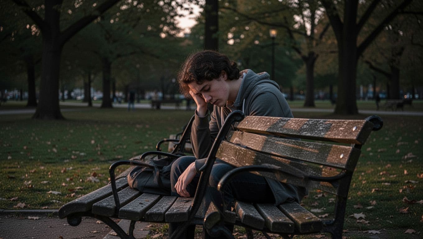 A single person sits alone on a wooden bench in a quiet park at dusk, head resting on hand, exuding slight fatigue and deep introspection under soft natural lighting. The realistic photo captures a serene mood illustrating emotional heaviness and everyday setbacks.