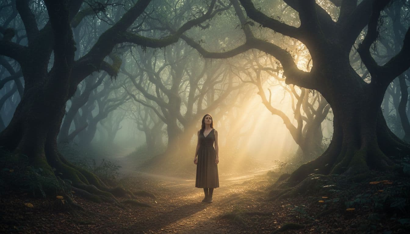 A contemplative woman stands at a misty forest crossroads, one path glowing with golden light symbolizing truth, the other dim and shadowy representing falsehood, evoking spiritual discernment in a realistic fantasy style.