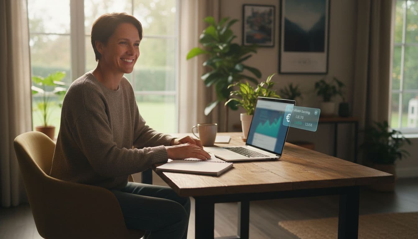 Smiling content creator at wooden desk reviews affiliate earnings popup on blurred laptop dashboard, notebook and coffee nearby.