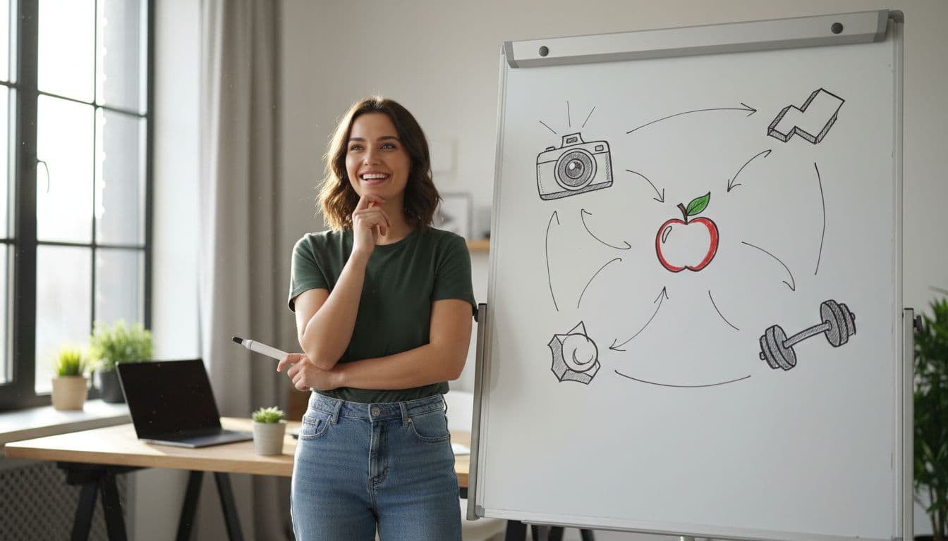 Content creator stands thoughtfully with marker before whiteboard of hand-drawn niche icons in sunny home office.