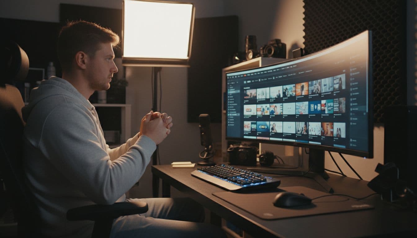 Content creator in casual clothes stands before large monitor showing YouTube thumbnails and playlists in home studio.