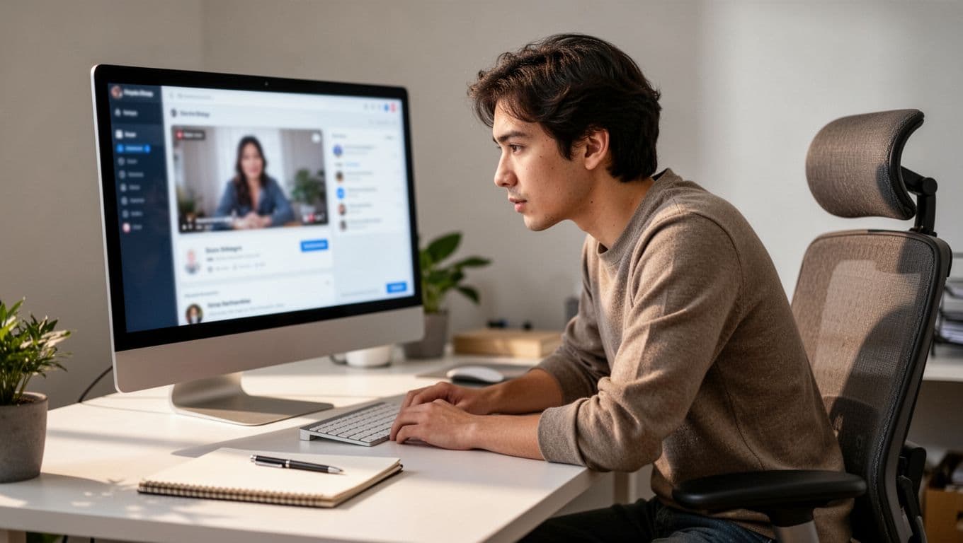 Content creator leans forward at tidy desk viewing blurred YouTube Studio monetization screen on monitor.