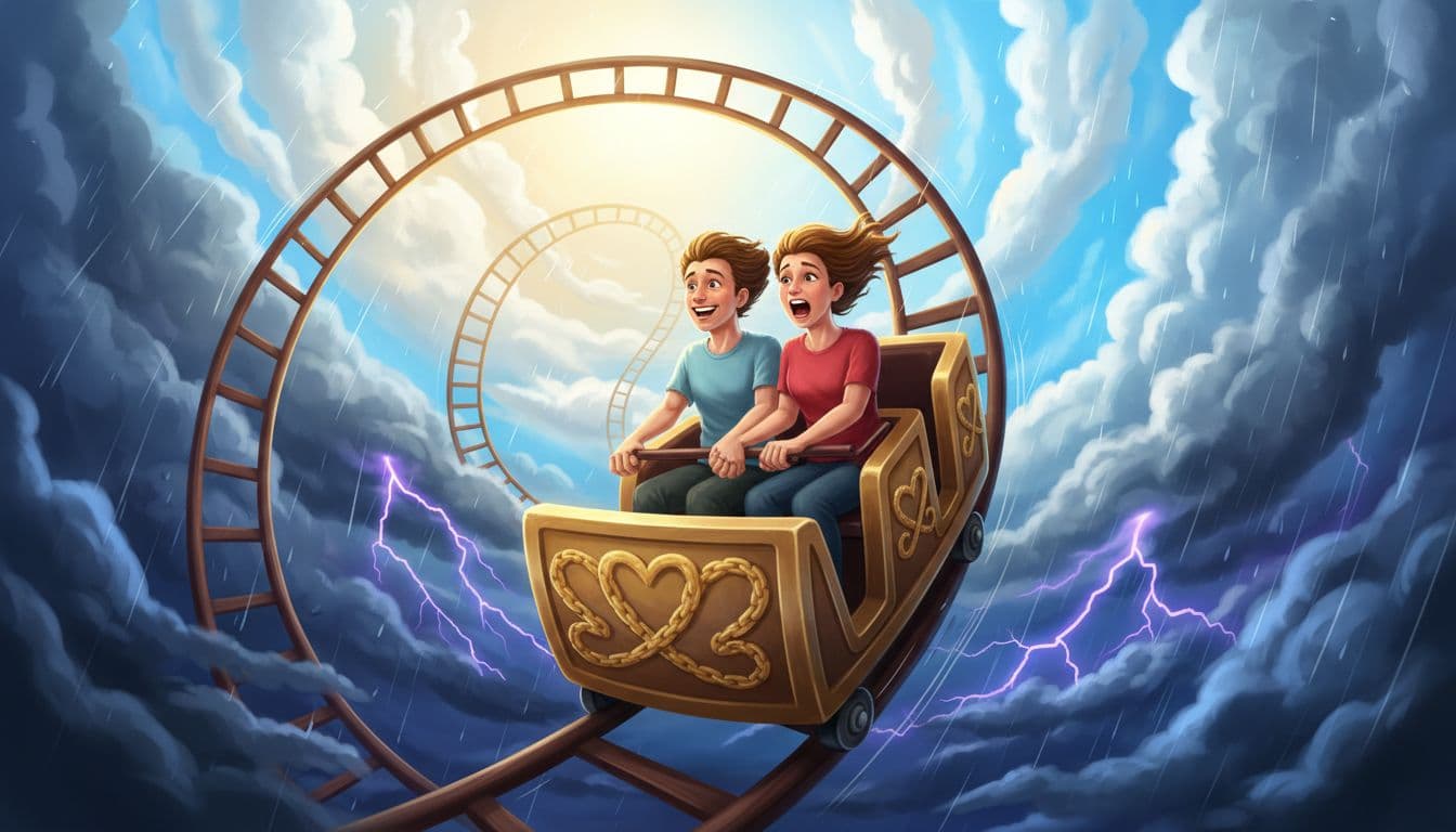 Couple holds hands tightly on rollercoaster looping through dark stormy clouds and bright sunny skies, faces showing joy and fear.
