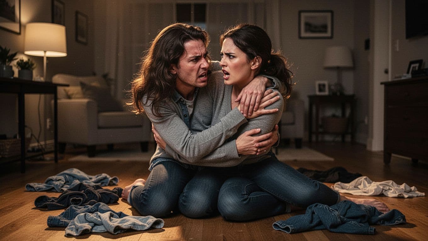 A couple in a dimly lit apartment shifts from a heated argument to an intense embrace, one pulling the other close amid scattered clothes on the floor, blending anger and passion.