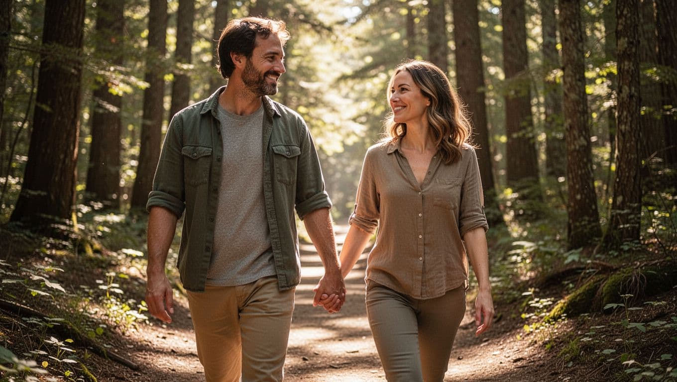 Man and woman in 30s walk side by side on sunny forest trail, smiling peacefully with loose hand hold.
