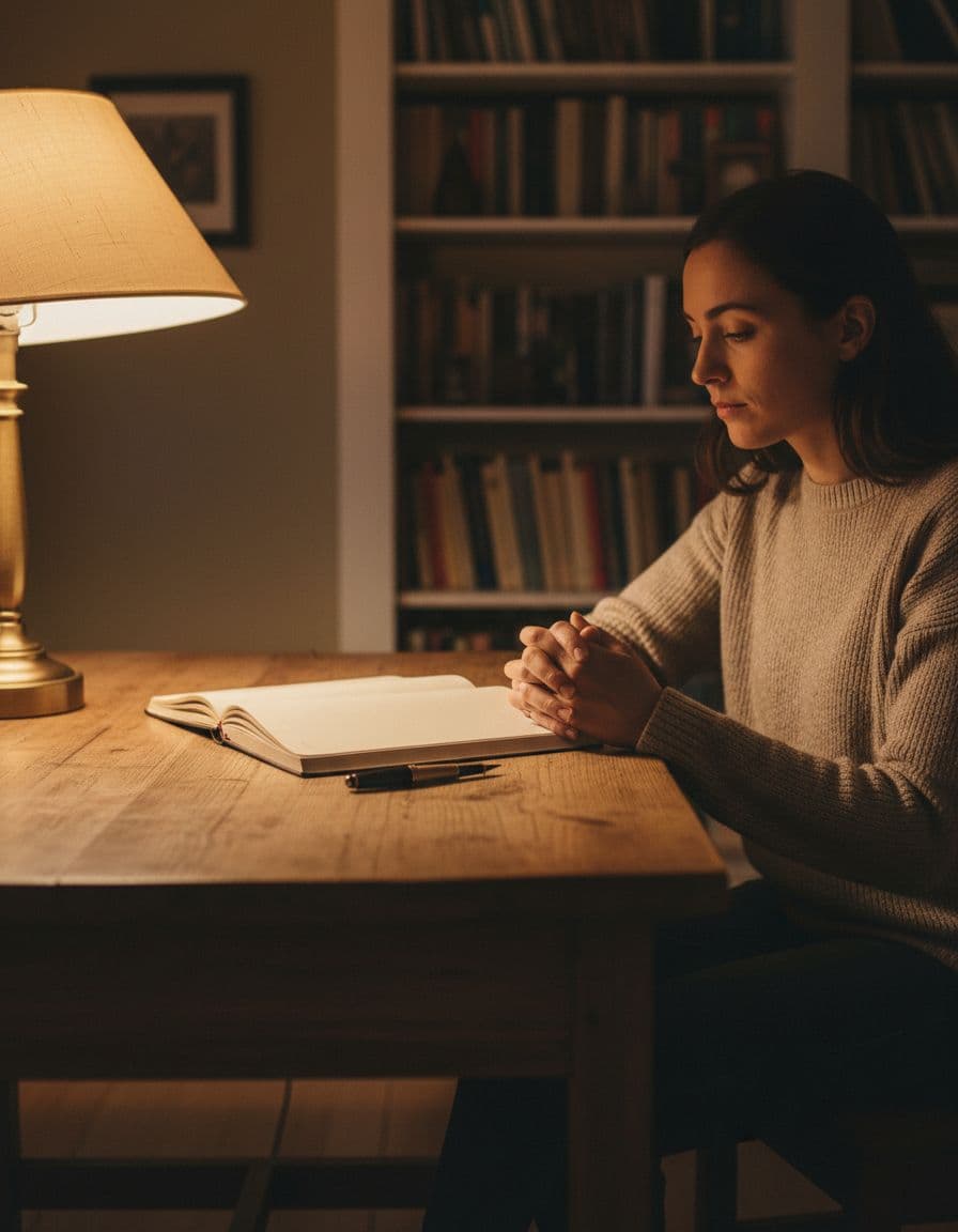 One person seated at a cozy wooden desk with an open blank journal and pen nearby, illuminated by warm soft lamp light casting gentle shadows, gazing thoughtfully downward in a simple room with bookshelves.