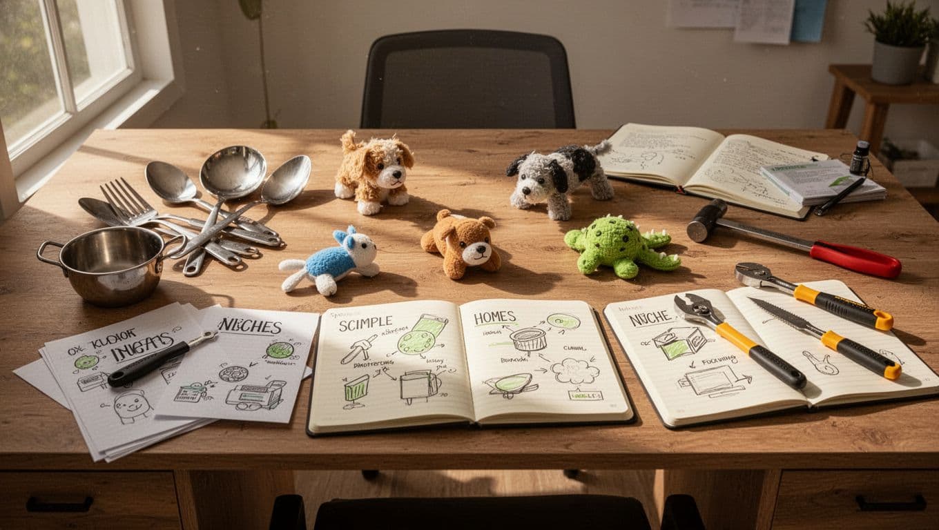 Home office desk scattered with images of kitchen utensils, pet toys, tools, and notebooks with sketches in natural light.