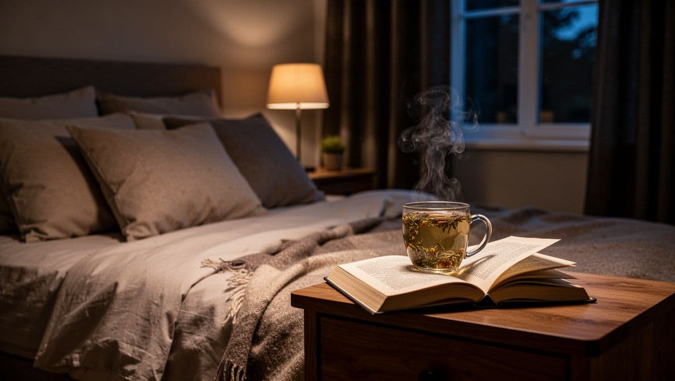 A peaceful nighttime bedroom scene with soft pillows, dim warm lamp light, dark curtains, herbal tea on the nightstand, and a nearby book, promoting healthy melatonin production without screens or bright lights.