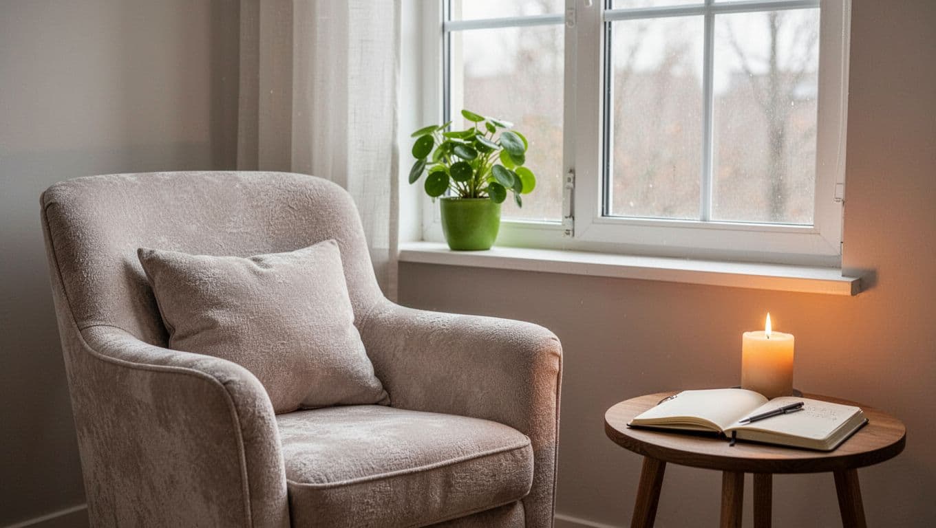 A comfortable chair positioned by a window with natural light filtering in, accompanied by a small green plant, lit candle, and open journal on a side table, creating a serene and inviting minimalist atmosphere with soft warm lighting and no people or clutter present.