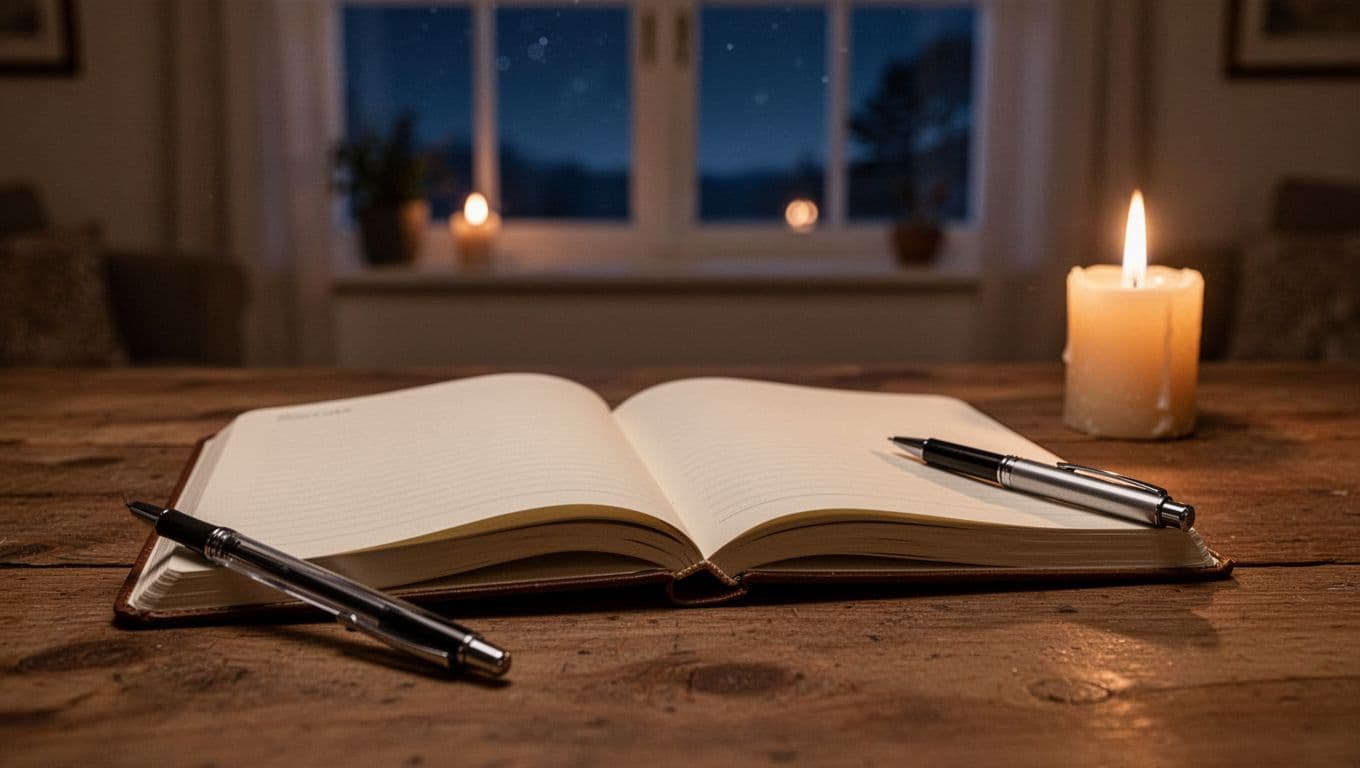 Close view of an open journal on a wooden table illuminated by soft candlelight, with a pen resting beside it and a blurred background of a cozy room featuring a window to the night sky, symbolizing reflection as a gentle practice.
