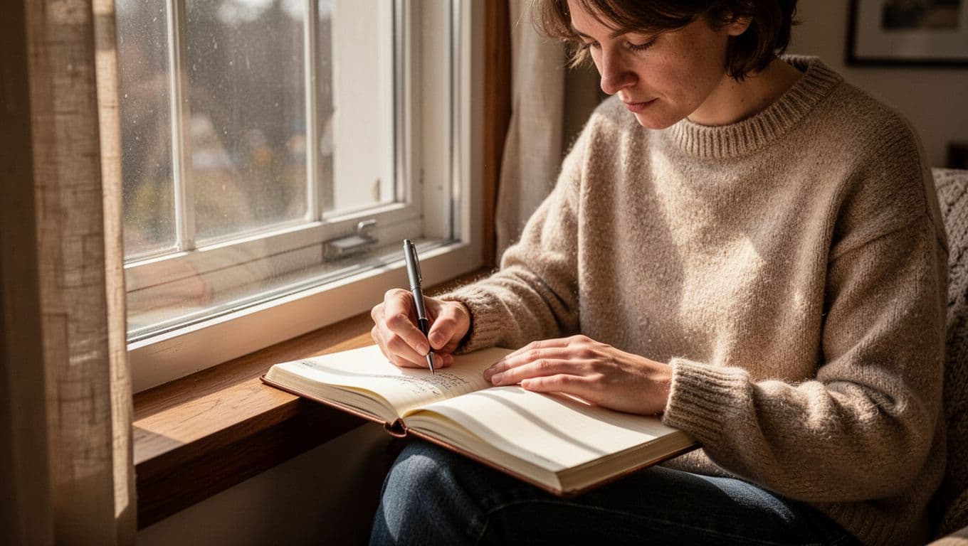 A person sits relaxed by a window in a cozy room, journaling introspectively with an open notebook and pen in hand, illuminated by soft morning light.
