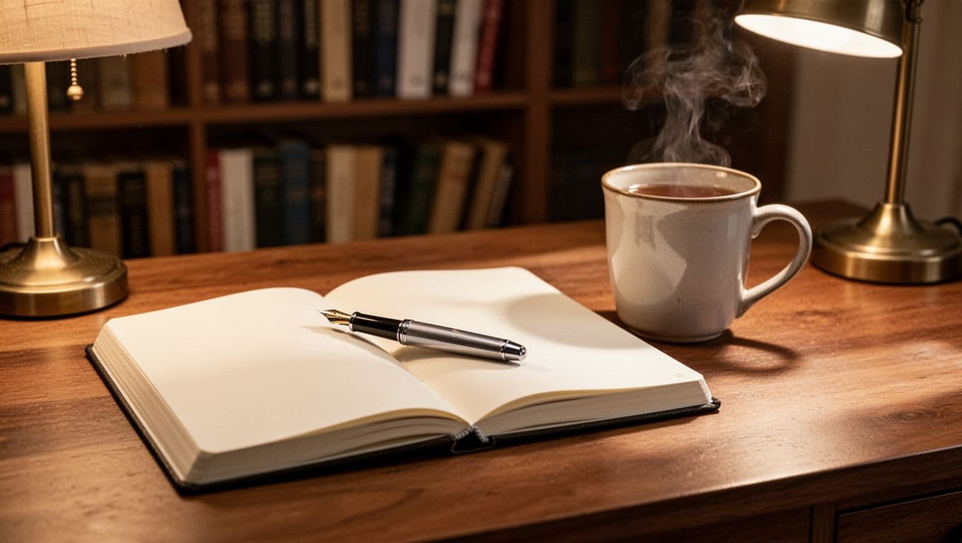 Open blank journal on wooden desk with fountain pen, steaming tea mug, warm lamp, blurred bookshelf background.
