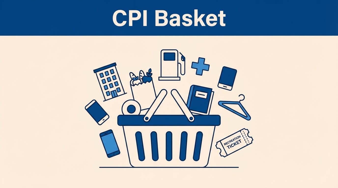 Illustration of CPI categories including housing, food, gas, healthcare, education, clothing, phones, and recreation.