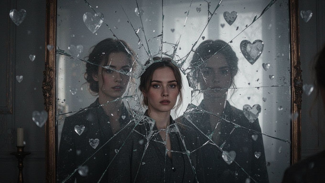 A single person stands before a large cracked mirror reflecting a shadowy figure of themselves, with faint heart shapes breaking apart in a dimly lit room with ethereal glow.