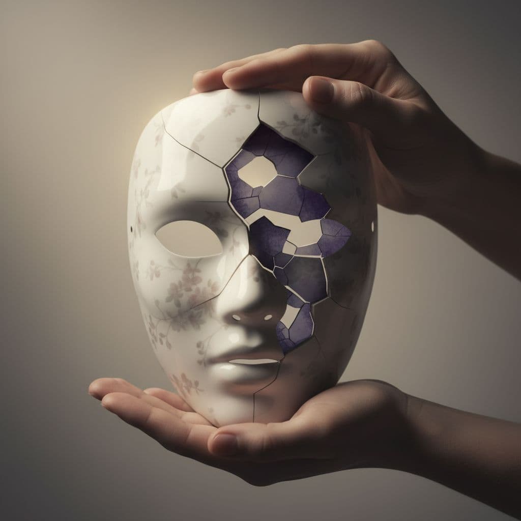 Close-up of a delicate porcelain mask cracking to reveal mismatched shadows and inconsistencies underneath, held gently in relaxed hands against a neutral background with dramatic soft lighting.