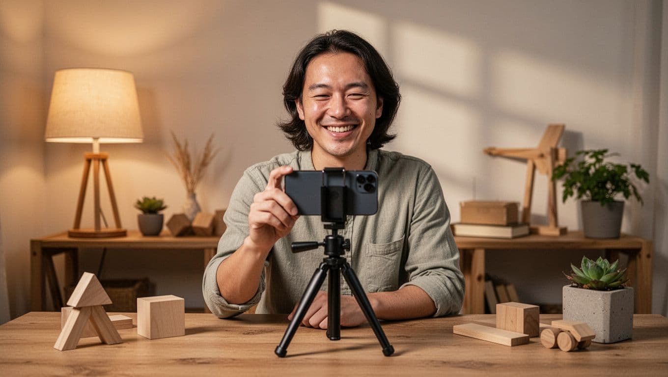 Smiling creator records video with phone on tripod in cozy room with props.