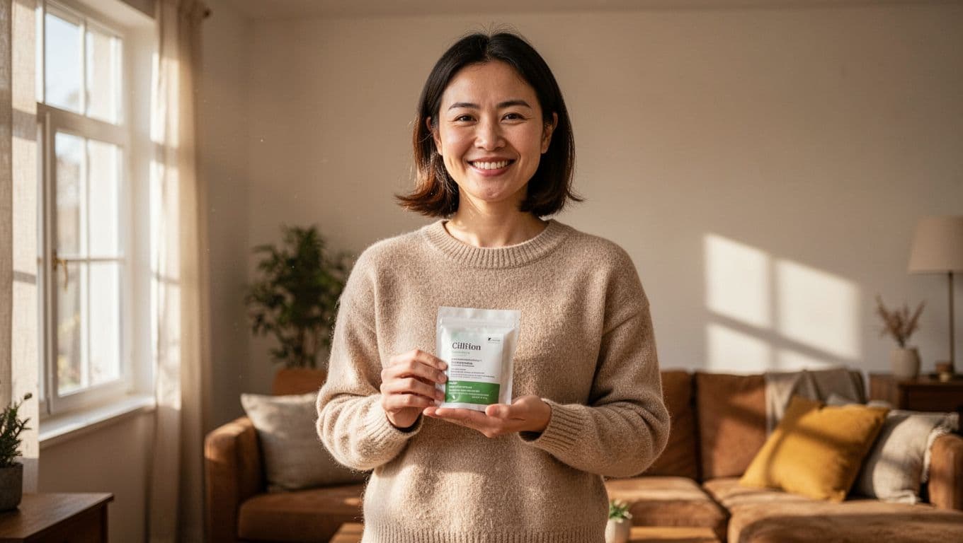 Smiling creator holds product while filming demo on phone in cozy home.