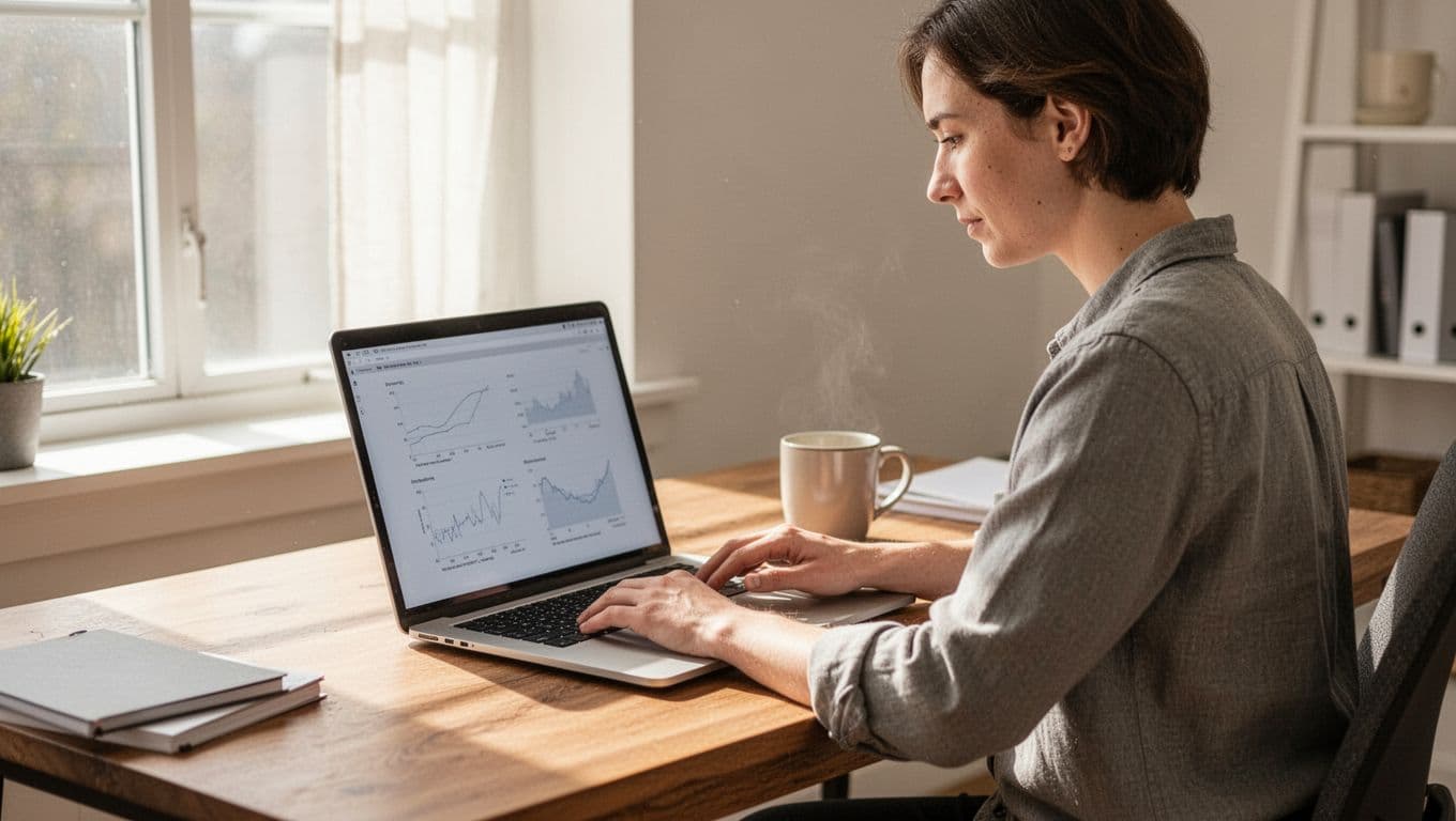Creator at wooden desk in bright home office views faint subscriber and watch hour graphs on angled laptop screen, coffee mug nearby.
