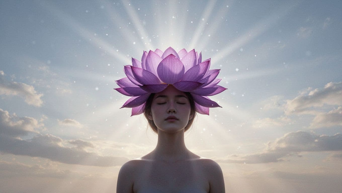 Glowing violet lotus flower with many petals atop human silhouette head, white light radiating upward into sky.