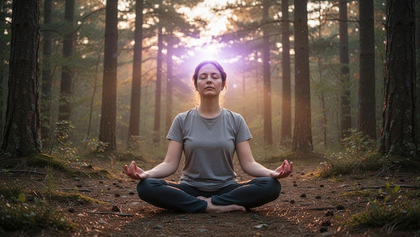 Person sits cross-legged in forest clearing at dawn, eyes closed meditating, subtle violet-white glow above head.