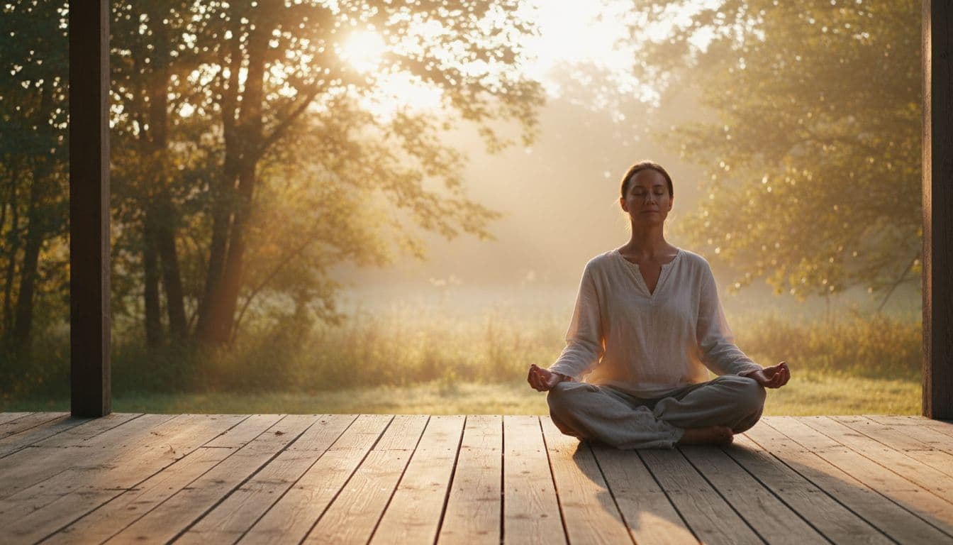 Person sits cross-legged on porch at dawn, eyes closed meditating, morning light through trees.