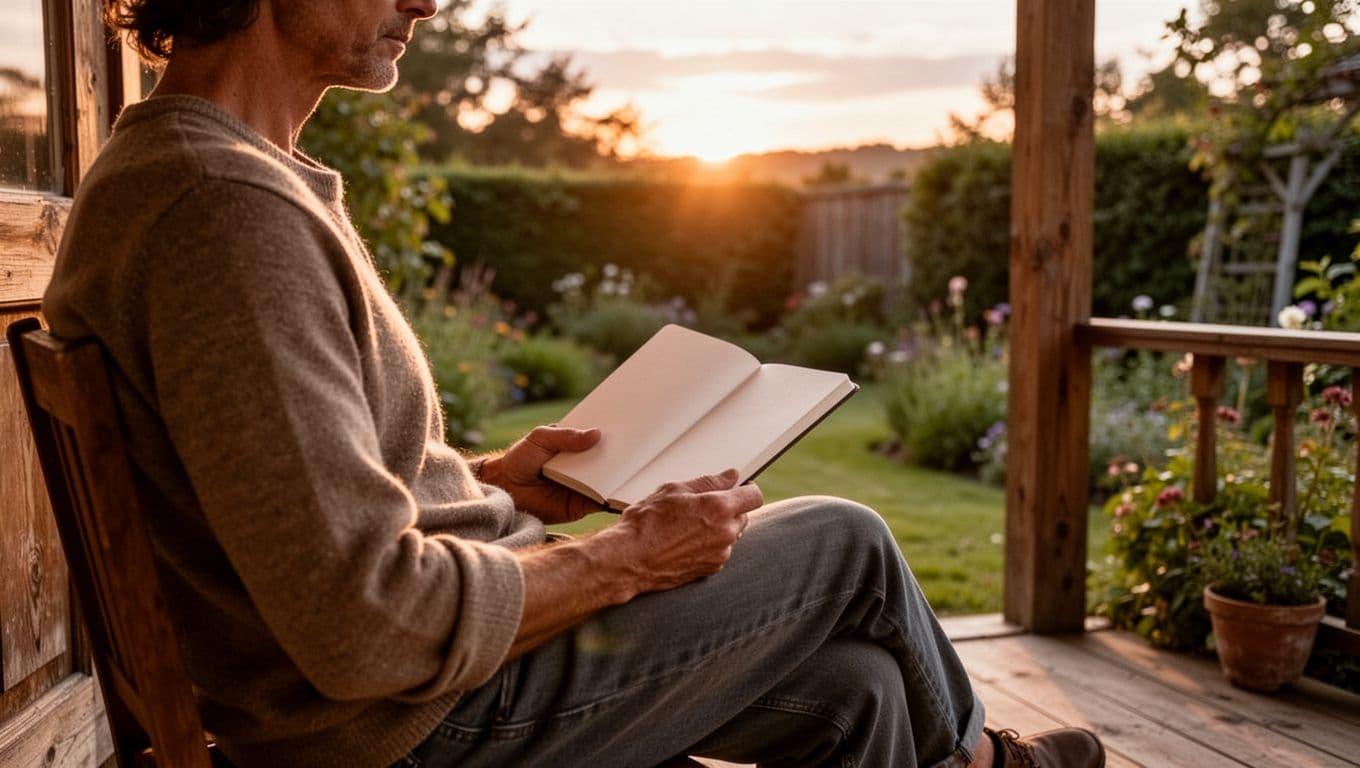 Person sits on wooden porch overlooking garden at dawn, holding notebook with relaxed hands on lap.