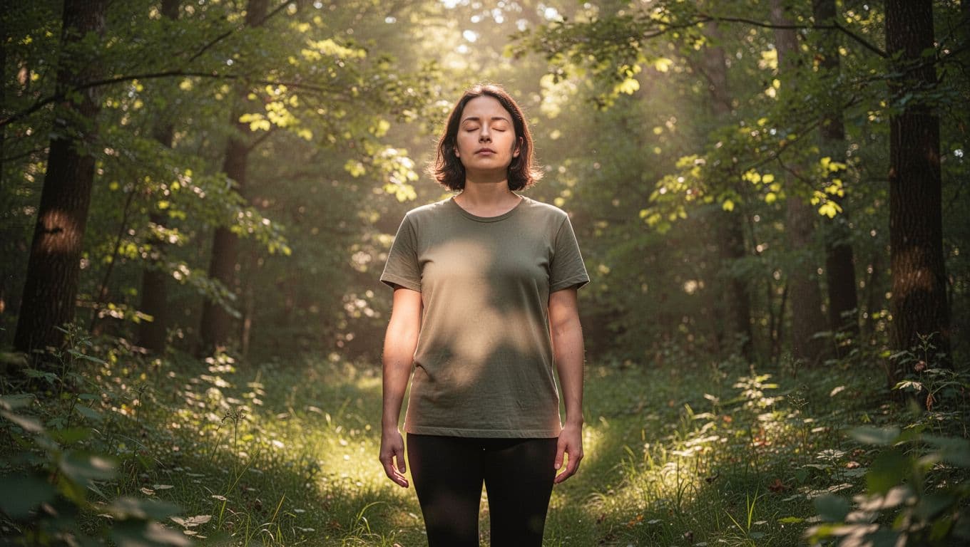 One person stands calmly in a sunny forest glade practicing deep breathing with arms relaxed at sides and peaceful closed eyes. Natural daylight filters through green trees, fostering a grounding and serene atmosphere.