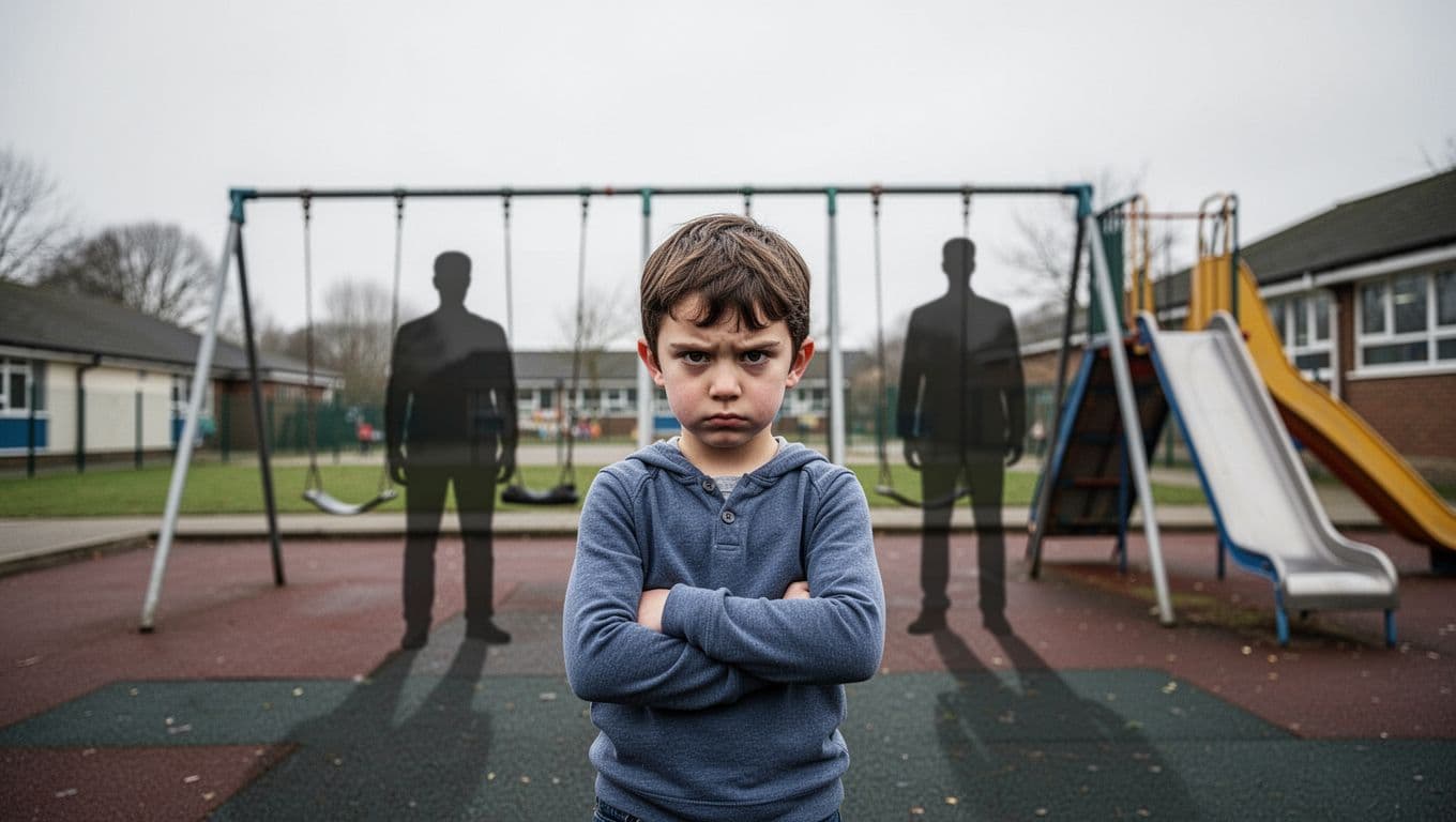 A determined 10-year-old child with intense eyes stands confidently in a schoolyard, arms crossed defiantly facing shadowy adult figures in the background amid a simple playground with swings and slide under natural overcast daylight in realistic photographic style.