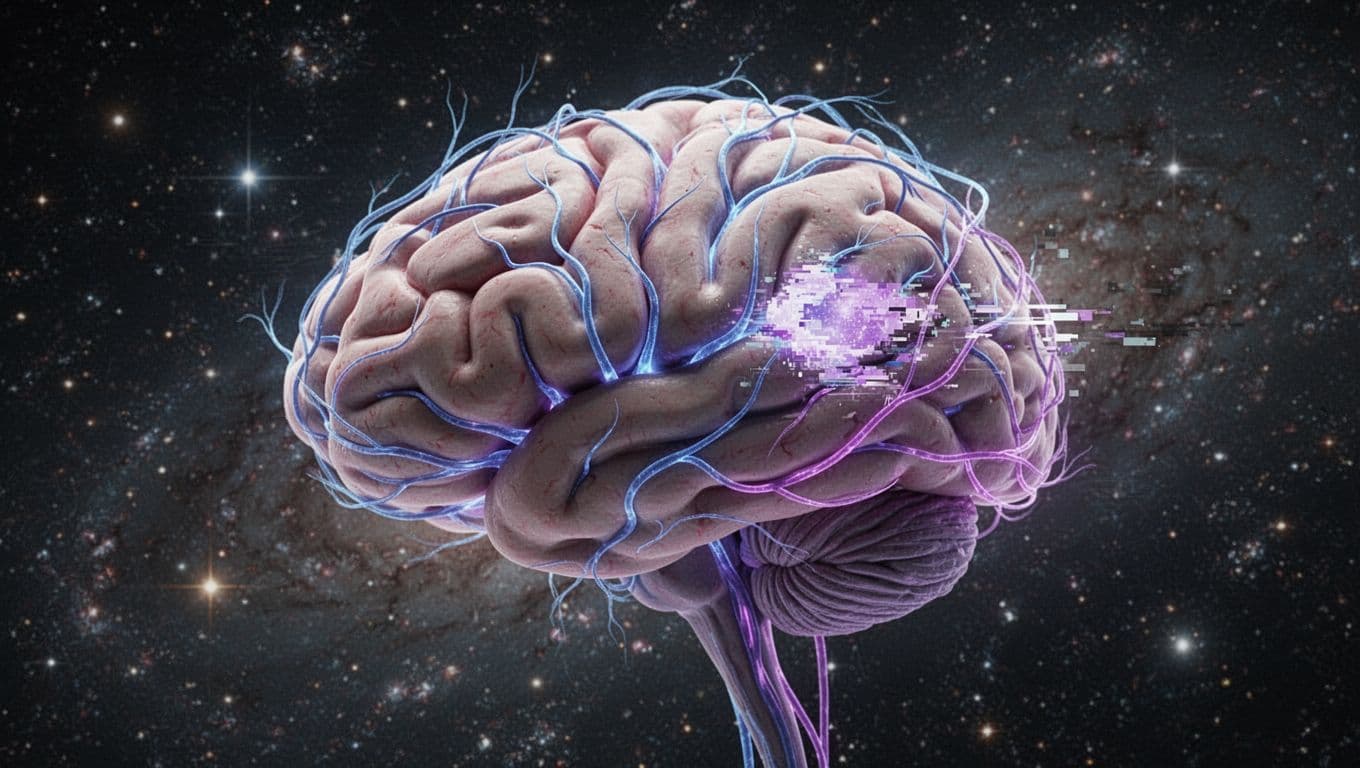 Close-up of a human brain with glowing blue and purple neural pathways and a subtle glitch effect representing memory mismatch, set against a dark cosmic background in realistic medical illustration style.